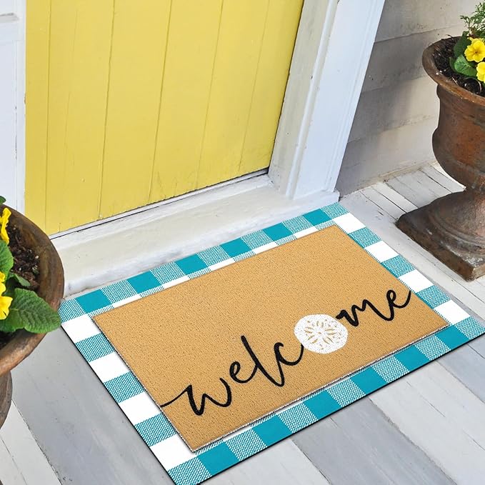 Tinideya 2 Pcs Summer Door Mat Non Slip Wildflower Coastal Hello Sunshine Sweet Home Ocean Pet Welcome Floor Doormat Buffalo Plaid Checked Stripe Mat Seasonal for Front Porch Entryway(Seashells)