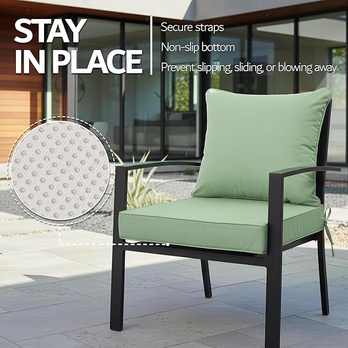 24x24 Inch Outdoor Chair Cushions Set of 4, Patio Furniture Cushions - Removable Cover, Water-Repellent, Fade-Resistant, Non-Slip Bottom & Straps, Replacement for Deep Seat Sofa & Couch - Sage Green