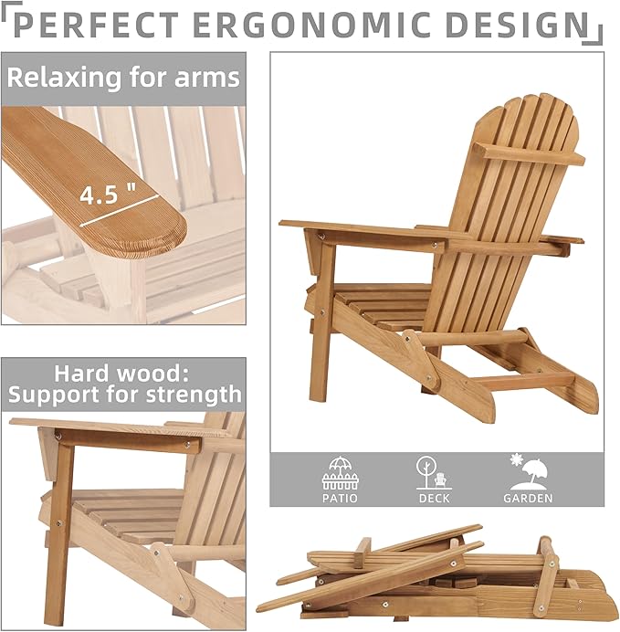 Outdoor Wooden Folding Adirondack Chair Set of 2 with Pre-Assembled BackRest, Wood Patio Chair for Garden Backyard Porch Pool Deck Firepit