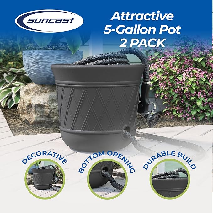 Suncast 2 Pack 14" x 12" Round Resin Decorative Weatherproof Outdoor Hideaway Standard Garden Hose Storage Pot with Drainage Holes, Gray