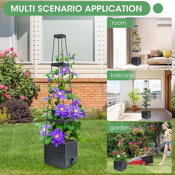 MQUPIN Trellis for Climbing Plants,57in Raised Garden Bed Planter Boxes with Trellis, Tomato Cage Planters for Climbing Plants Vegetable Vine Flowers Outdoor & Indoor/Self-Watering（2Pcs Black）