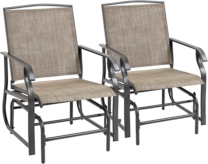 Outsunny 2 Piece Glider Set, Outdoor Swing Chairs, Patio Rocking Armchairs with Breathable Mesh Fabric, Steel Frame for Garden, Backyard, Patio, Dark, Brown/Khaki