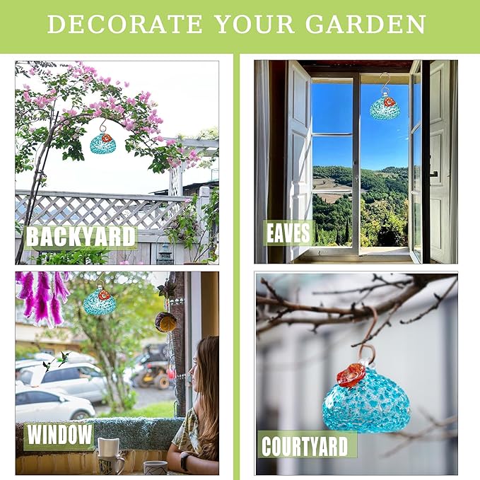 Hand Blown Glass Hummingbird Feeder for Outdoors Hanging Glass Humming Bird Feeder for Garden Backyard Decor