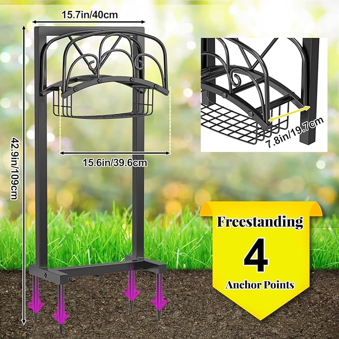 Garden Hose Holder,Heavy Duty Freestanding Detachable Storage Reel Stand,Upgraded 4 Spikes Hose Hanger for Outside Yard Lawn (curved line with Storage Basket)