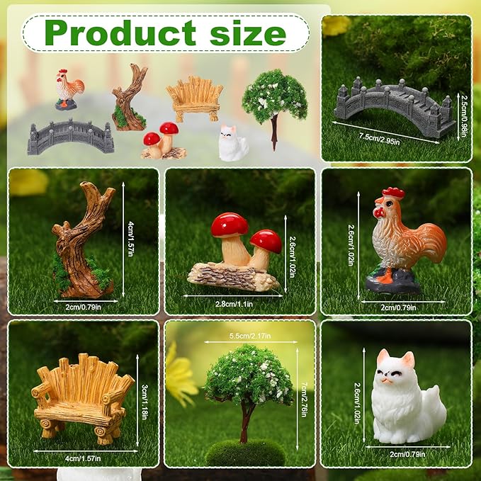 65 Pcs Fairy Garden Accessories Mini Resin Animals Figures Miniature Table and Chairs Bridge Mushroom Pond Fence Moss Bonsai Landscape Ornaments Kit for Garden DIY Craft