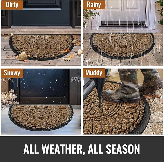 Mibao Front Door Mat Indoor Outdoor Entrance, Semicircular Entrance Mat, Half Round Waterproof Non-Slip Durable Rubber Doormat, Low Profile Heavy Duty Doormat for Garage, Patio, 30" x 18", Brown