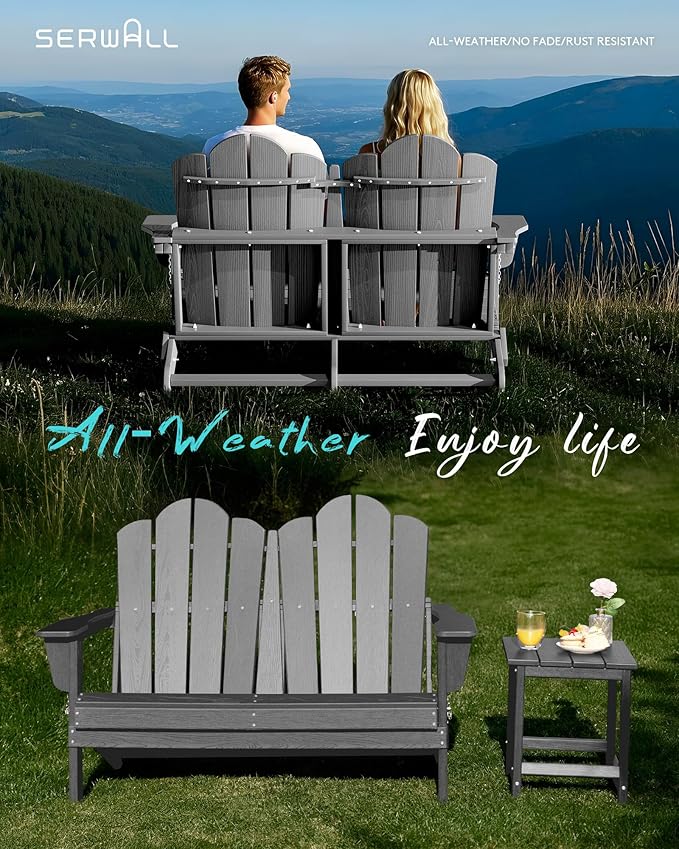 SERWALL 2 Person Adirondack Loveseat, HDPE All-Weather Folding Adirondack Bench Chair, Outdoor Adirondack Chair Set of 4, Grey