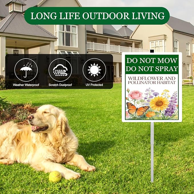 Do Not Mow Do Not Spray Wildflower and Pollinator Habitat Yard Sign With Stakes Rustproof Reflective Aluminum Pollinator Friendly Garden Sign Stand Outdoor 8x12 In