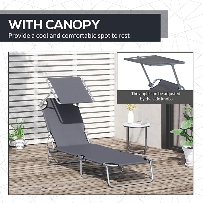 Outsunny Outdoor Lounge Chair, Adjustable Folding Chaise Lounge, Tanning Chair with Sun Shade for Beach, Camping, Hiking, Backyard, Gray