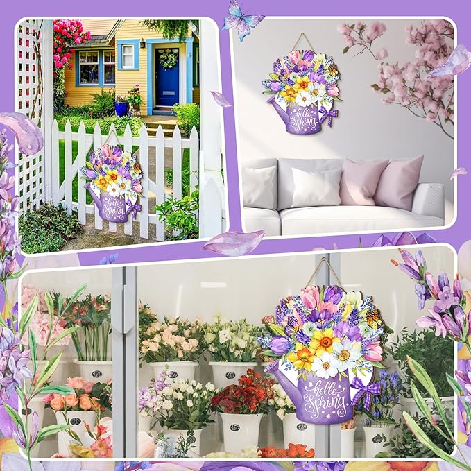 Juexica Hello Spring Door Sign for Front Porch - Flower Hanger Wreaths, Wooden Hanging Decor, Rustic Welcome Sign for Wall Pediments Decorations