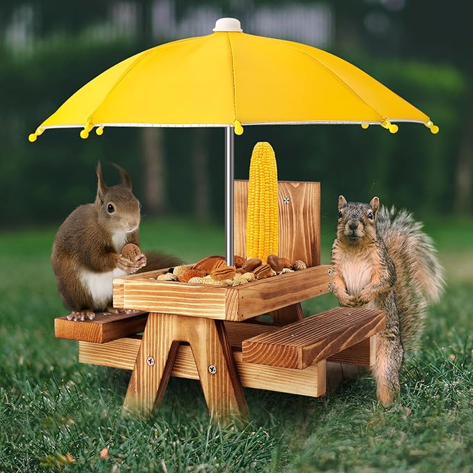 Gnodary Squirrel Feeder with Umbrella, Squirrel Feeders for Outside, Squirrel Picnic Table Feeder - Chipmunk Feeder Hold Corn, Corn Cob, Peanuts (Yellow)