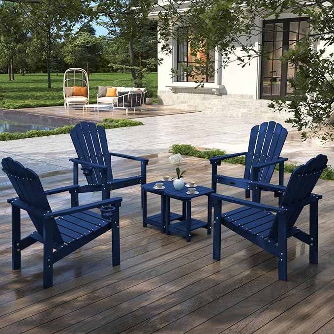 Stackable Adirondack Chair Set of 2, HDPE All-Weather Adirondack Chairs - Durable and Space Saving, Plastic Outdoor Fire Pit Chairs with Cup Holder,Navy Blue
