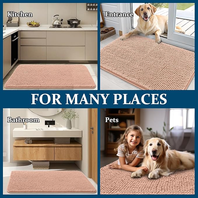 OLANLY Dog Door Mat for Muddy Paws 59x32, Absorbs Moisture and Dirt, Absorbent Non-Slip Washable Doormat, Quick Dry Chenille Mud Mat for Dogs, Entry Indoor Entryway Carpet for Inside Floor, Peach