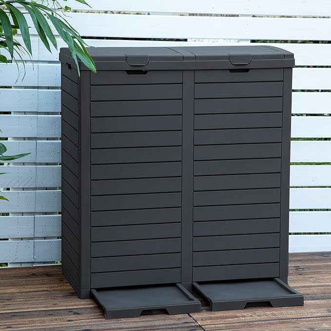 DWVO 76 Gallon Outdoor Resin Trash Can with Dual Lid and Drip Trays, 248 Quart Hideaway Garbage Bin for Porch, Backyard