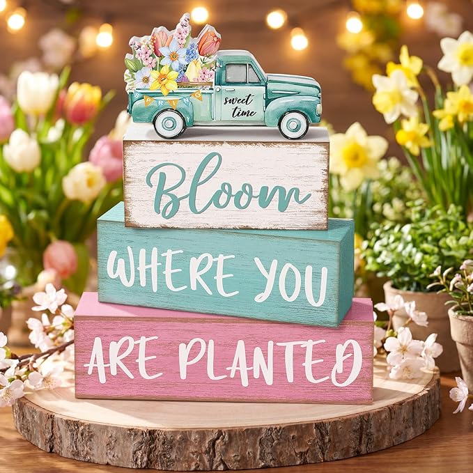 4 Pcs Spring Table Decorations Wooden Truck Floral Block Sign Rustic Flower Tabletop Centerpiece Farmhouse Distressed Easter Spring Decor for Home Office Desk Tiered Tray Decor