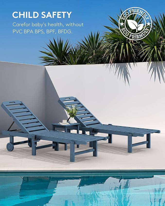 SERWALL Patio Chaise Lounge Chair Set of 4, HDPE Outdoor Lounge Chair with Cup Holder, 5 Positions Adjustable Poly Lounger with Rolling Wheels for Poolside, Deck, Sunbathing, Blue