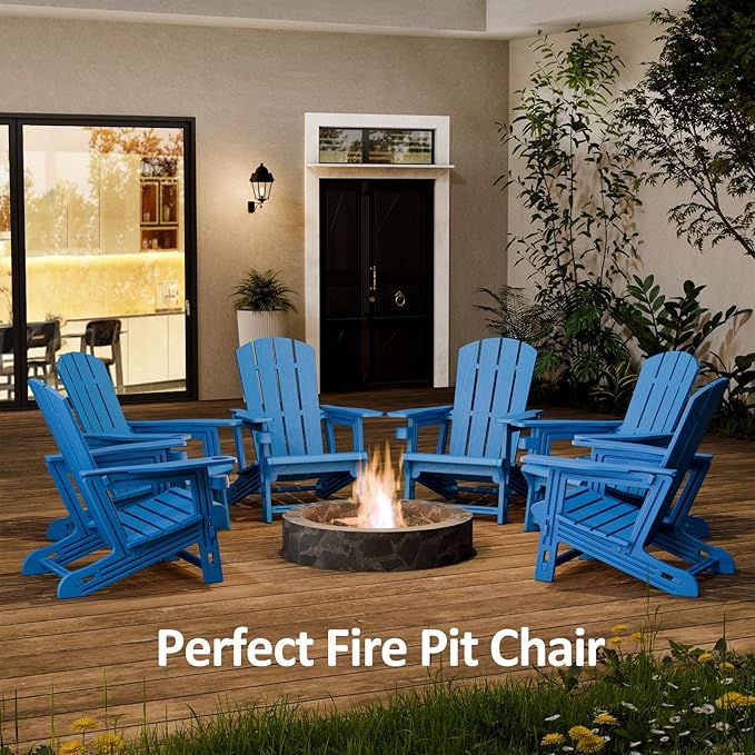 Adirondack Chairs Set of 2, Plastic Outdoor Adirondack Chair with Cup Holder, 400 LBS Capacity Recliner Chair Garden Chair for Patio Backyard Lawn Beach, Klein Blue