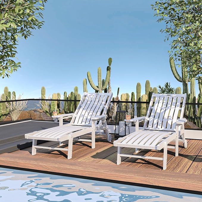 Patio Chaise Lounge Chair Set of 2, Oversized Lounge Chair Outdoor with 5 Positions, HDPE, Patio Lounge Chair with Wheels & Cup Holder for Pool, Deck, Poolside,White