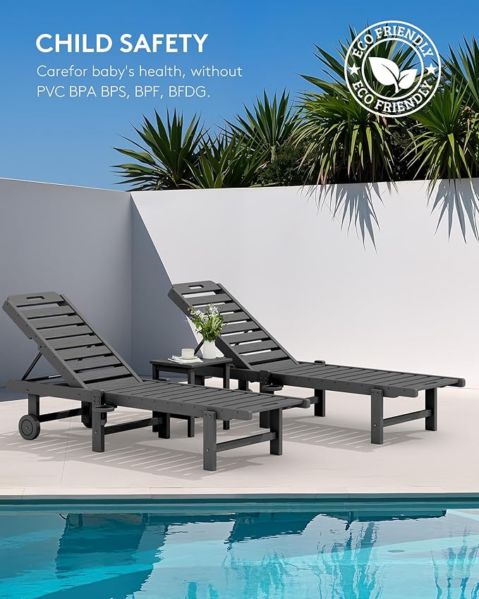 SERWALL Outdoor Chaise Lounge Set of 4, 78" Patio Lounge Chair with 5 Positions Adjustable Backrest, HDPE Lounger with Rolling Wheels & Cup Holder for Poolside, Beach, Garden, Grey