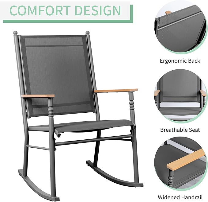 JY QAQA Outdoor Rocking Chair Set of 2, High Back All-Weather Patio Rocking Chairs with Breathable Back Rest for Adult, Ergonomic Design Porch Rocking Chairs for Porch, Garden, Balcony, Pool, Black