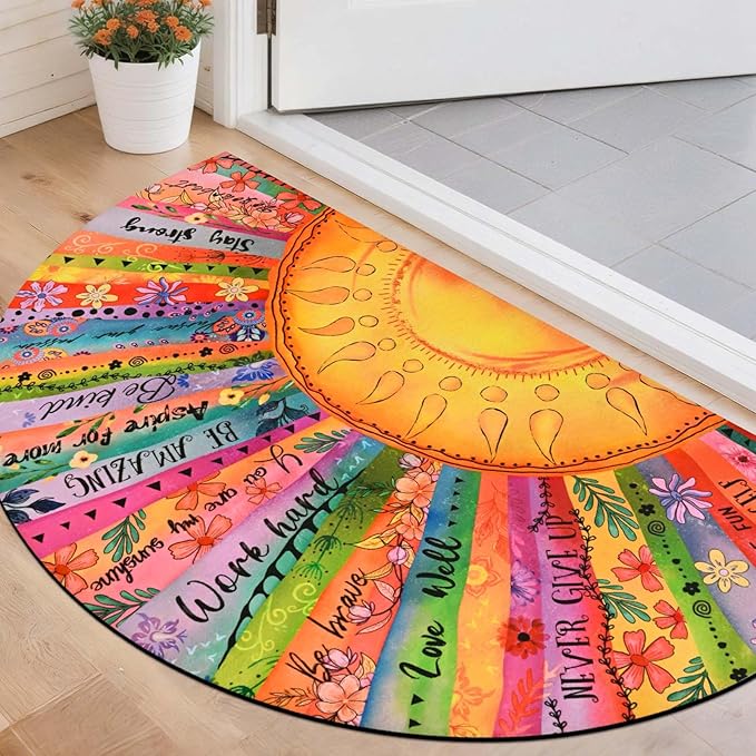 Likiyol Sun Door Mat Outside Entrance, Inspirational Quotes Welcome Mat Half Circle Front Door Mats, Colorful Floral Non Slip Boho Doormat Outdoor Indoor Entrance, Low Profile, Absorbent, 24" x 36"