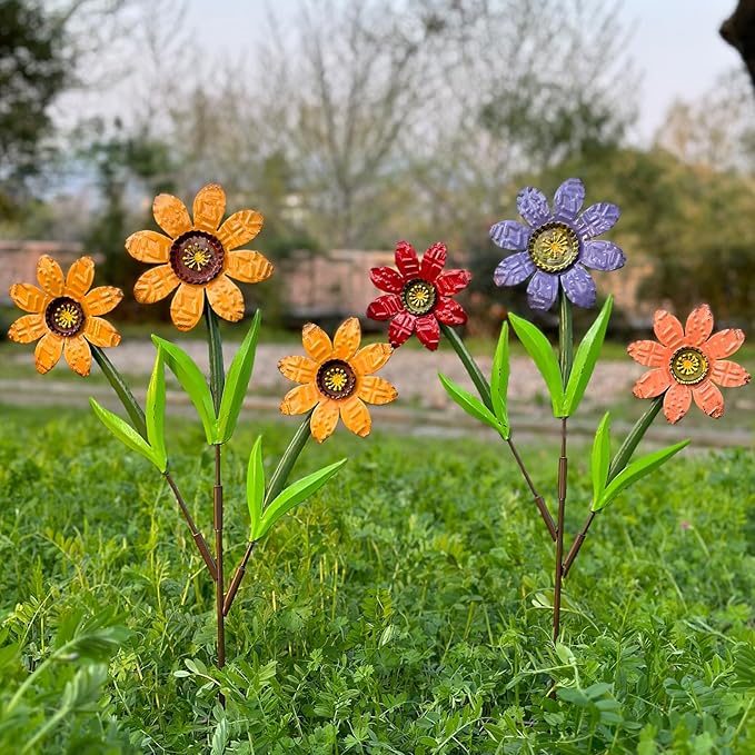 Metal Flowers for Outside,2 Pack Large Colorful Decorative Garden Stakes Yard Art,Spring Garden Decor for Lawn, Pathway & Garden(21.9 * 12IN)