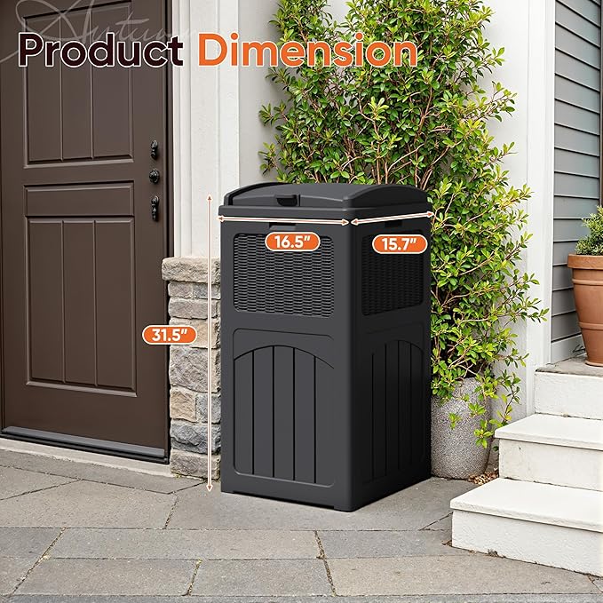 YESHOMY 33 Gallon Resin Outdoor Trash Can with Lid, Hideaway Waterproof Patio Garbage Bin, Black