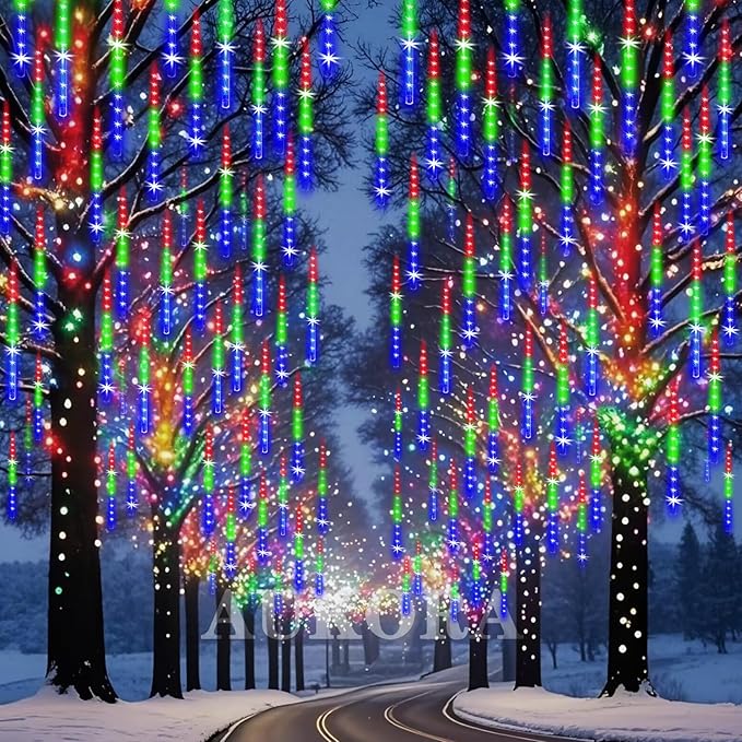 Aukora Meteor Shower Lights UL Certified Outdoor Christmas Lights 12inch 8 Tubes 192 LED Snow Falling Icicle Cascading Light for Xmas Tree Decoration Halloween Wedding Party Holiday Yard, Multicolor