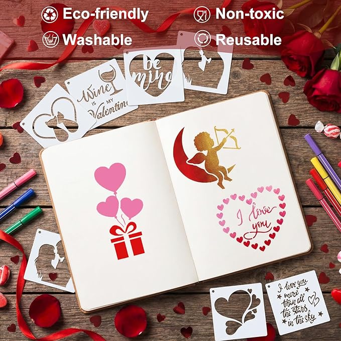 Marspark 66 Pcs Spring Easter Small Stencils for Crafts Reusable 3 Inch Stencils for Painting on Wood DIY Craft Paint Template for Wall Home Decor Card Rock Canvas Drawing Holiday (Valentine)