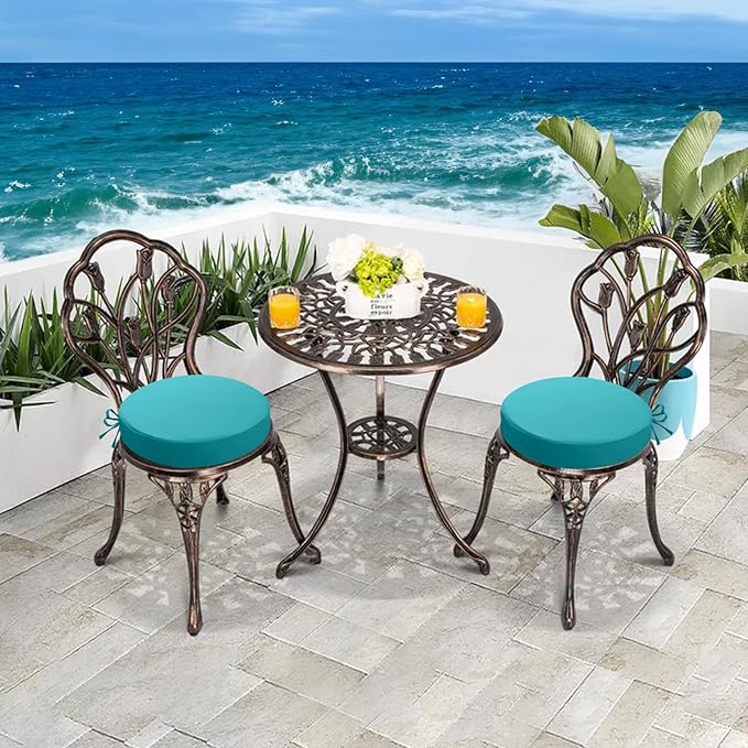 idee-home Outdoor Bistro Chair Cushions, 15”x15”x 3” Thick Outdoor Round Seat Cushions Set of 4 with Ties, Waterproof Round Patio Furniture for Garden
