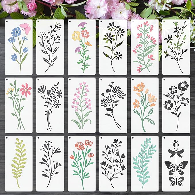 18 Pcs Flower Stencils for Painting on Wood, 6x3in Botanical Stencils Floral Templates for Drawing Spraying on Wall Canvas Scrapbook, Reusable Wildflower Stencil DIY Home Decors Ornaments Arts Crafts