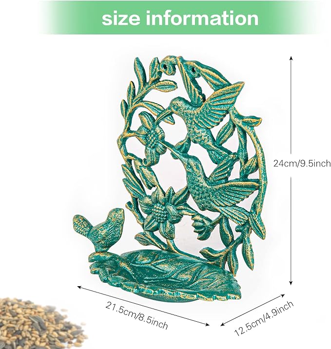 Sungmor Cast Iron Wall Mounted Bird Feeder, Cute Hummingbird Decor Small Water Bath, Wall Hanging Fence Bird Bath Feeder, Beautiful Green Birdfeeder for Garden Backyard Patio Wall Decoration