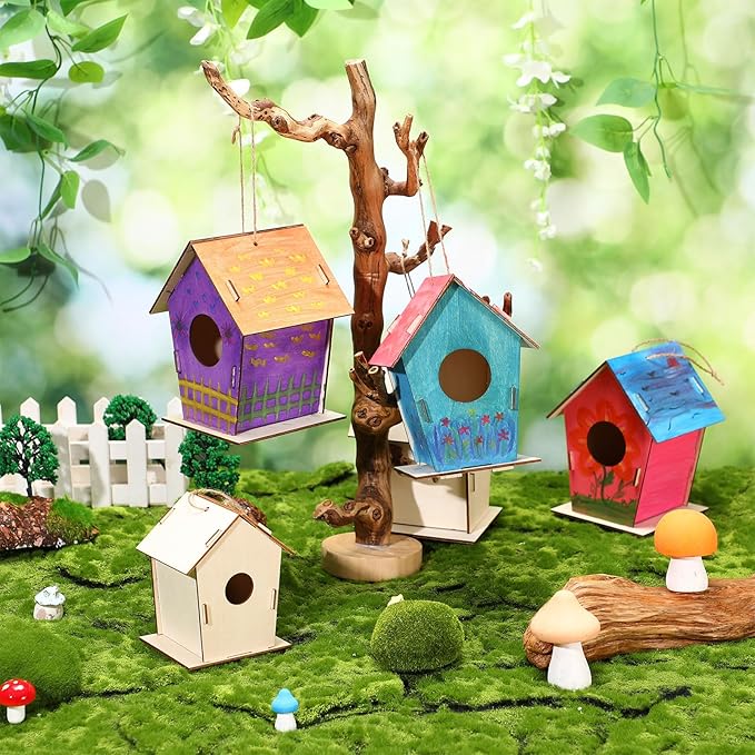 24 Pcs Bulk 6.3'' Wooden Bird Houses Kits for Kids to Build DIY Unfinished Wood Birdhouses to Paint Wood Arts and Crafts Birthday Gifts for Valentines Crafts Class Parties
