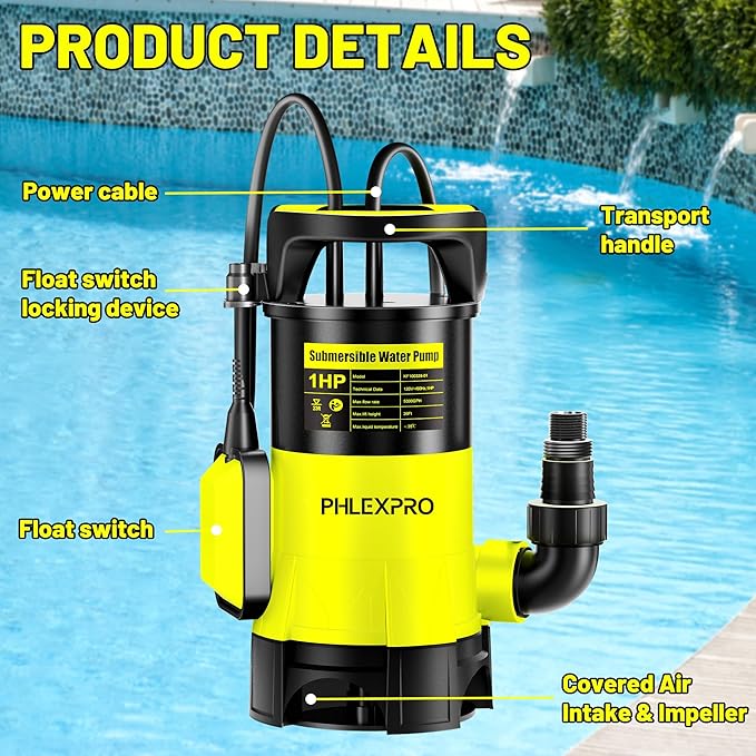 Submersible Water Pump 1HP 5300GPH High Flow Clean/Dirty Water Transfer Pump with Automatic Float Switch,26FT Long Cord,Sump Pump for Pool, Pond,Garden, Flooded Cellar, Aquarium and Irrigation