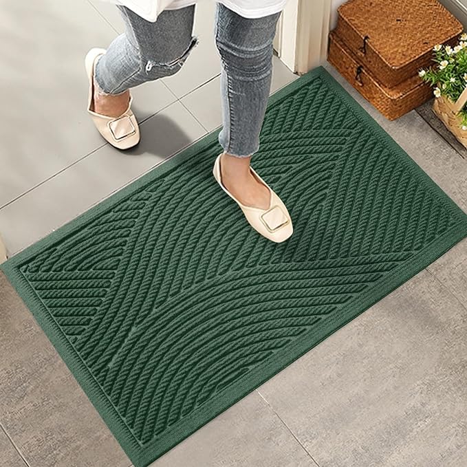 Sturdy Front Door Mat, Absorbent Muddy Dirt Resist Welcome Door Mats Outdoor Indoor, Stain and Fade Resistant, Non-Slip Backing Entry Mat Low Profile Doormat for Entryway, 29×17, Green