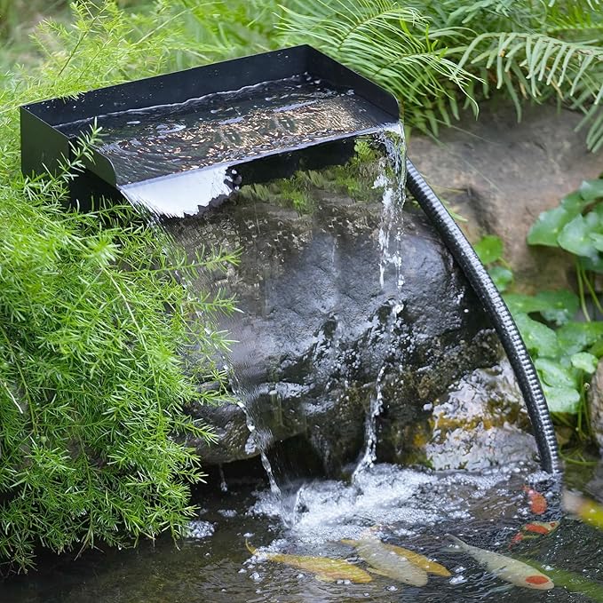 POPOSOAP 8Inch Pond Waterfall Spillway with Pump Kit, 304 Stainless Steel Pond Waterfall Box, Pond Spillway with 9.8FT Corrugated Tubing for Garden Waterfall Water Features-P42