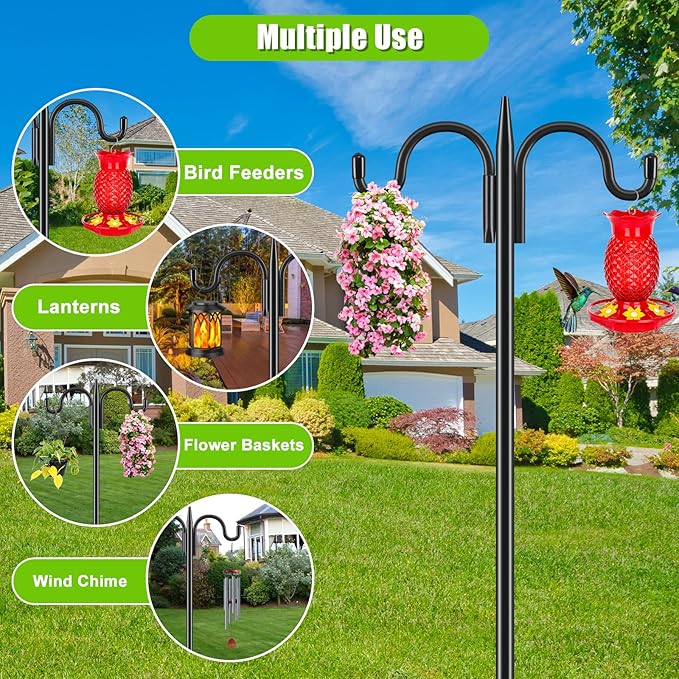 Gtongoko Double Shepherds Hook for Outdoor, 2 Pack 63 Inch Heavy Duty Bird Feeder Pole 5/8 Inch Thick Garden Hooks for Hanging Hummingbird Feeder, Plant Baskets, Solar Light Lanterns