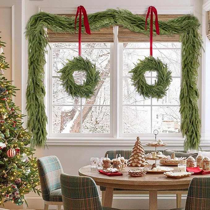 Findosom 2PCS 9Ft Christmas Norfolk Pine Garland, Real Touch Artificial Winter Green Pine Garland for Mantle, Wall, Fireplace, Stairs, Table, Indoor & Outdoor Christmas Decorations