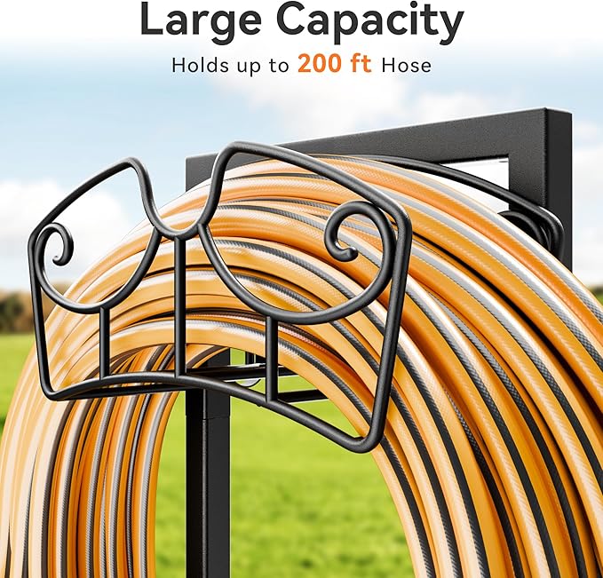 Garden Hose Holder Stand, Freestanding Metal Water Hose Storage Rack with Hooks for Outside Yard Lawn, Heavy Duty