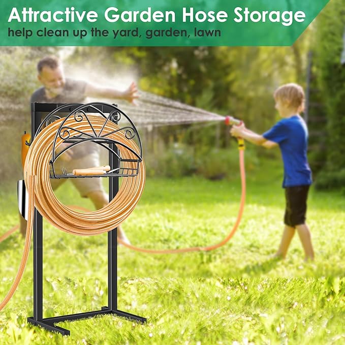 TomCare Garden Hose Holder Upgraded Water Hose Holder with Storage Basket 2 Tool Hooks Heavy Duty 4 Spikes Hose Hanger Holds 160ft Hoses Freestanding Hoses Storage Organizer for Outside Yard