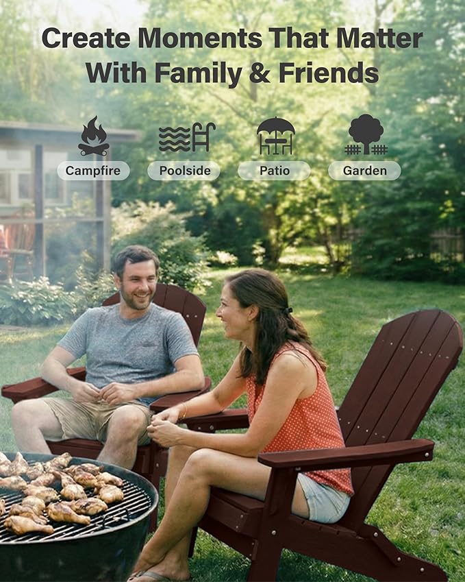 YEFU Adirondack Chair, Oversized Plastic Adirondack Chair Folding Outdoor Chairs with cup holder, Lawn Chair with Weather Resistant for Outside Deck Lawn Garden, Weight Capacity Up to 400 Lbs–Mahogany
