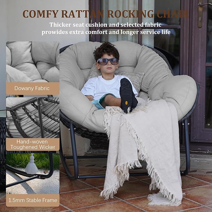 Outdoor Rocking Chair Set of 2, Patio Wicker Egg Chair, Indoor & Outdoor Double Papasan Chair with Padded Cushion, Royal Rattan Rocker for Front Porch, Garden, Patio (Light Grey)