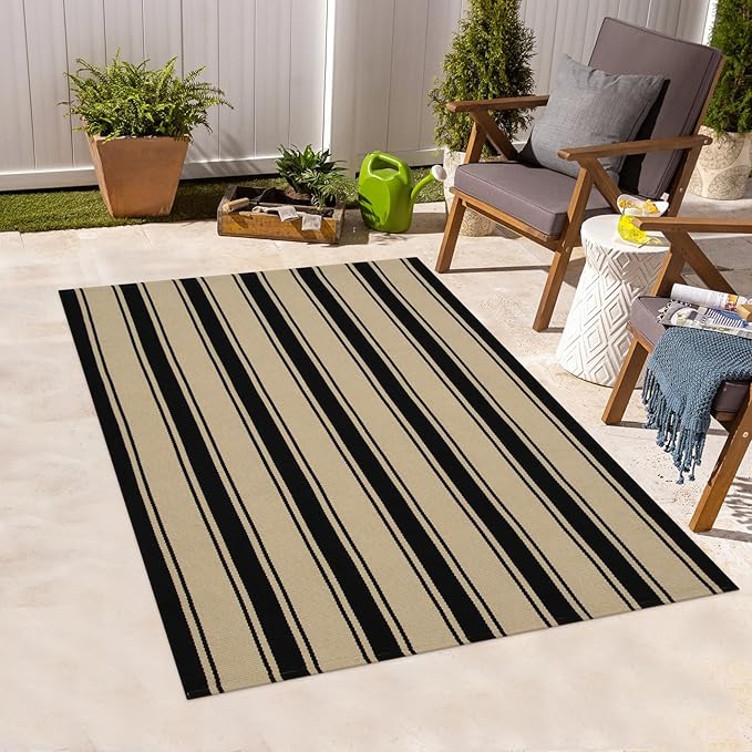Striped Outdoor Rug 3'x5', Cotton Hand Woven Rug Front Door Mat,Washable Reversible Layered Door Mats, Foldable Front Porch Rug for Entryway/Home Entrance/Farmhouse(Black and Tan)