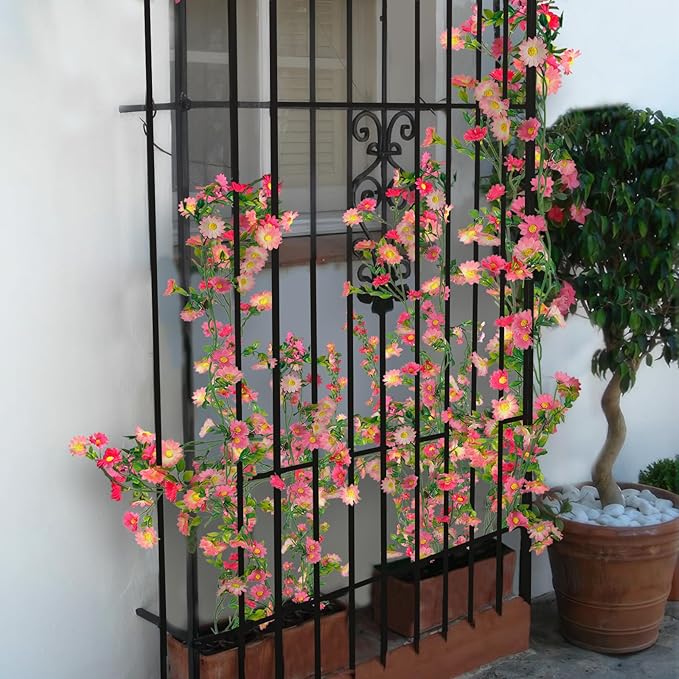 CISDUEO 4 Pcs Artificial Daisy Flowers Vine Silk Flower Garland Spring Fake Flower Vine Hanging Ivy with Pink Daisy Flowers Green Leaves for Wall Party Wedding Arch Floral Decor Home Indoor Outdoor