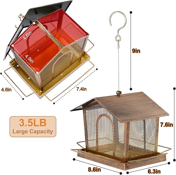 LBTING Bird Feeder for Outside, Metal House-Shaped Bird Feeder, Squirrel Proof Wild Bird Feeders for Hanging Outdoor Garden Yard - Gold