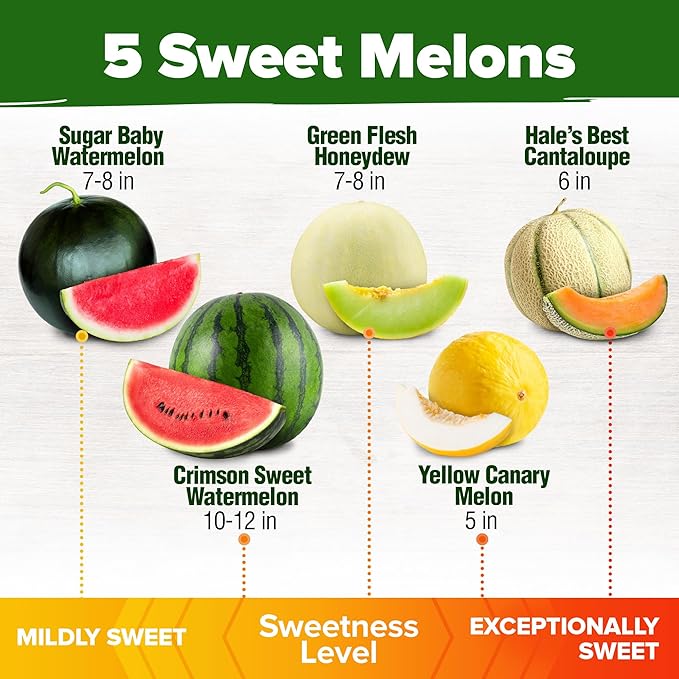 HOME GROWN Melon Seeds 5 Variety Mix 115+ Heirloom Non-GMO, High Germination, Watermelon Sugar Baby, Cantaloupe, Honeydew, Sweet & Juicy Summer Fruit, Indoor Outdoor Garden (Cucumis melo/Citrullus)
