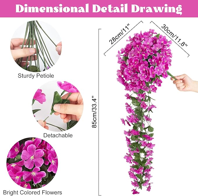 Ouddy Decor 4 Pcs Artificial Hanging Flowers Fake Hanging Plants Violet Flowers Vine Garland for Indoor Outdoor Garden Patio Yard Porch Home Wedding Decoration, Fuchsia