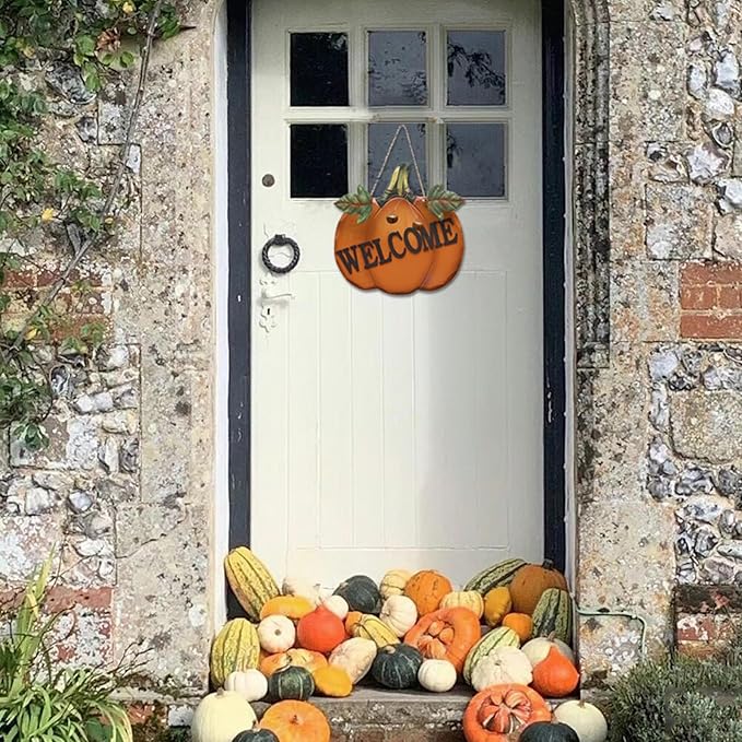 Wood Pumpkin Welcome Sign Fall Front Door Decor, Rustic Hanging Welcome Door Sign for Autumn Harvest Thanksgiving Halloween Door Wall Decoration Indoor Outdoor Fall Decor for Home 9.75"X9.5"