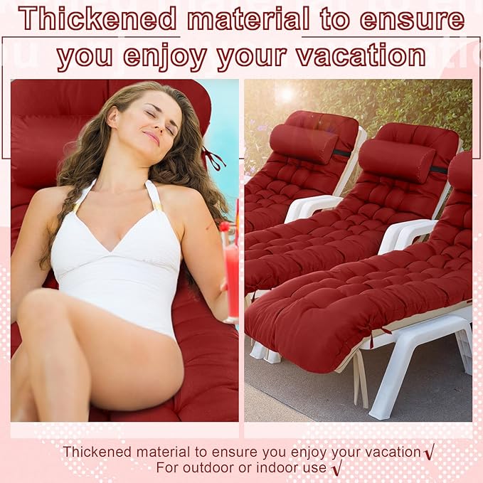 Tudomro 66'' Outdoor Chaise Lounge Cushion Waterproof Patio Lawn Pool Chaise Lounge Cushion with Headrest Pillow & Ties Weather Fade Resistant Replacement Longue Chair Pad