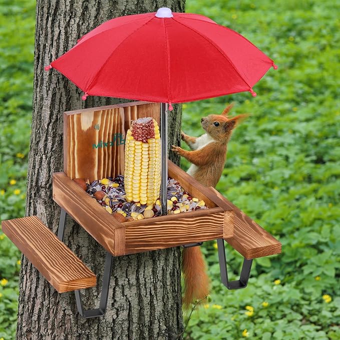 MIXXIDEA Squirrel Feeder Table, Wooden Squirrel Picnic tbale Feeder, Sturdy Squirrel Feeders for Outside with Solid Structure Chipmunk Feeder with Corn Cob Holder